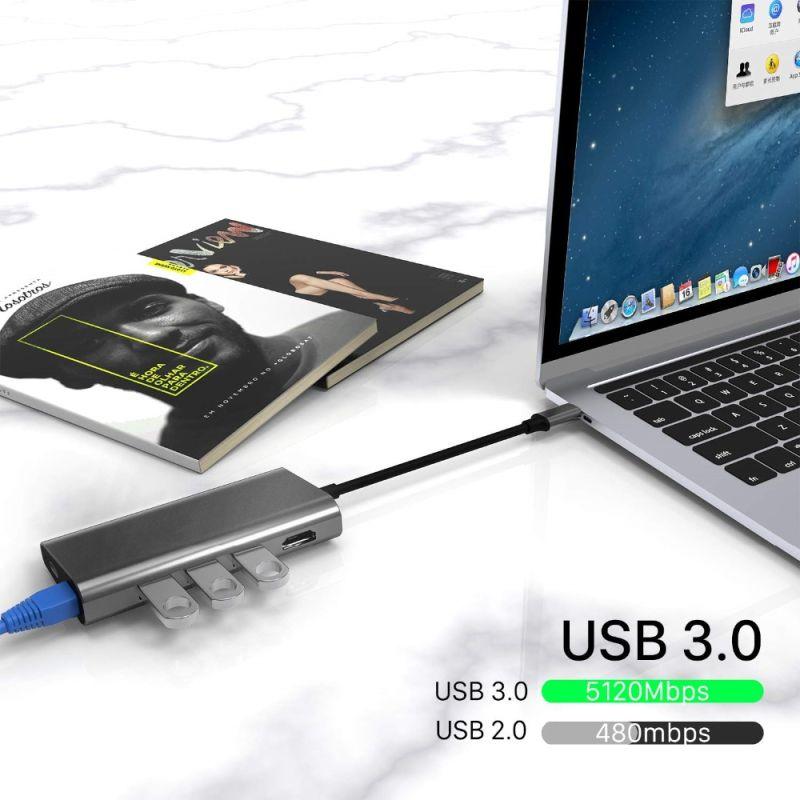 Адаптер - переходник - хаб 8in1 USB3.1 Type-C на HDMI - 3x USB3.0 - RJ45 (LAN) до 1000 Мбит/с - картридер TF/S - фото 5 - id-p141887456