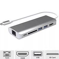 Адаптер - переходник - хаб 6in1 USB3.1 Type-C на HDMI - 2xUSB3.0 - RJ45 (LAN) до 1000 Мбит/с - картридер SD, с