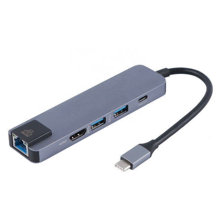 Адаптер - переходник - хаб 5in1 USB3.1 Type-C на HDMI - 2x USB3.0 - USB3.1 Type-C - RJ45 (LAN) до 1000 Мбит/с, - фото 1 - id-p141887498