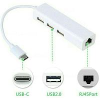Адаптер - переходник - хаб USB3.1 Type-C на 3x USB2.0 - RJ45 (LAN) до 100 Мбит/с, белый