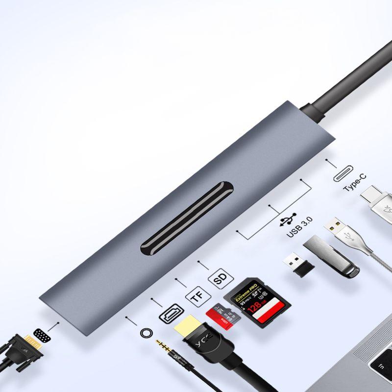 Адаптер - переходник - хаб 9in1 USB3.1 Type-C на HDMI - VGA - 3x USB3.0 - USB3.1 Type-C - jack 3.5mm (AUX) - к