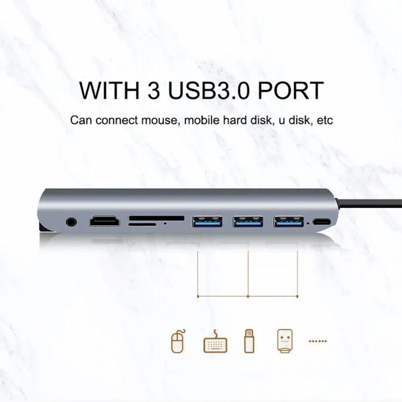 Адаптер - переходник - хаб 9in1 USB3.1 Type-C на HDMI - VGA - 3x USB3.0 - USB3.1 Type-C - jack 3.5mm (AUX) - фото 2 - id-p141888592