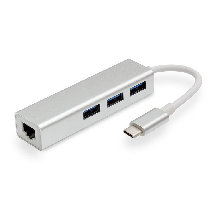 Адаптер - переходник - хаб USB3.1 Type-C на 3x USB3.0 - RJ45 (LAN) до 100 Мбит/с, серебро