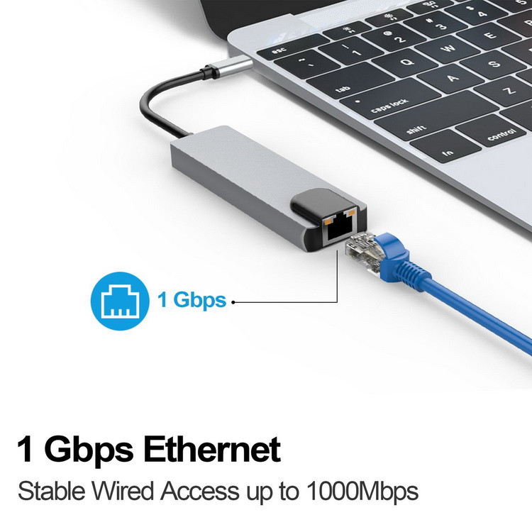 Адаптер - переходник - хаб 5in1 USB3.1 Type-C на HDMI - 2x USB3.0 - USB3.1 Type-C - RJ45 (LAN) до 1000 Мбит/с, - фото 3 - id-p141888774