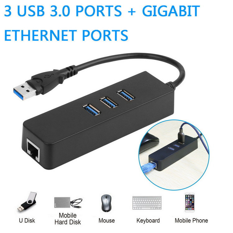 Адаптер - переходник - хаб USB3.0 - 3x USB3.0 - RJ45 (LAN) до 1000 Мбит/с, черный