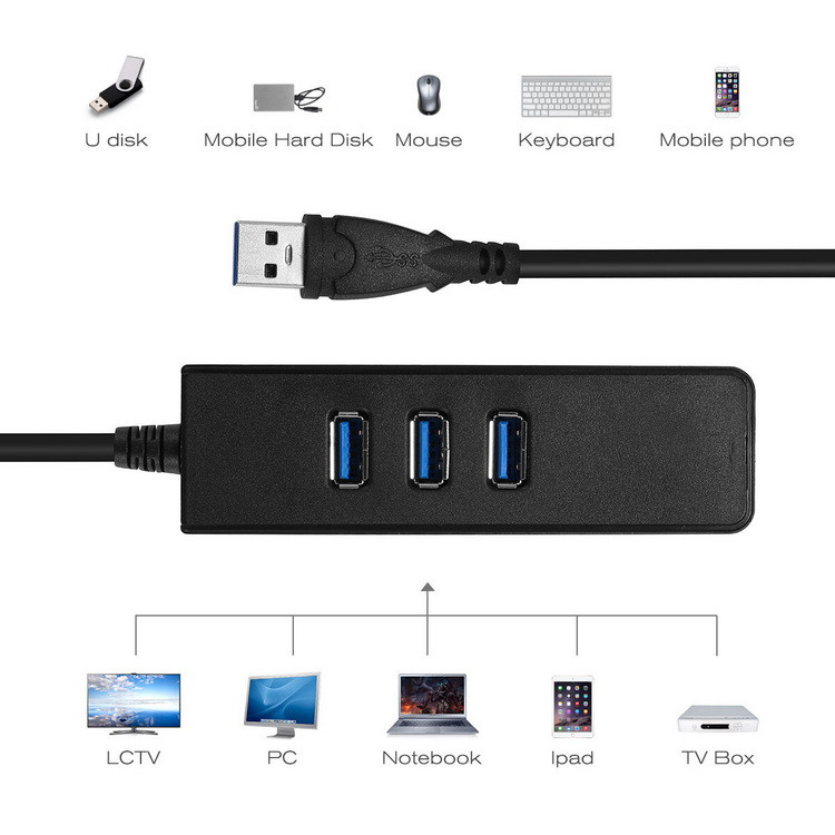 Адаптер - переходник - хаб USB3.0 - 3x USB3.0 - RJ45 (LAN) до 1000 Мбит/с, черный - фото 2 - id-p141889206