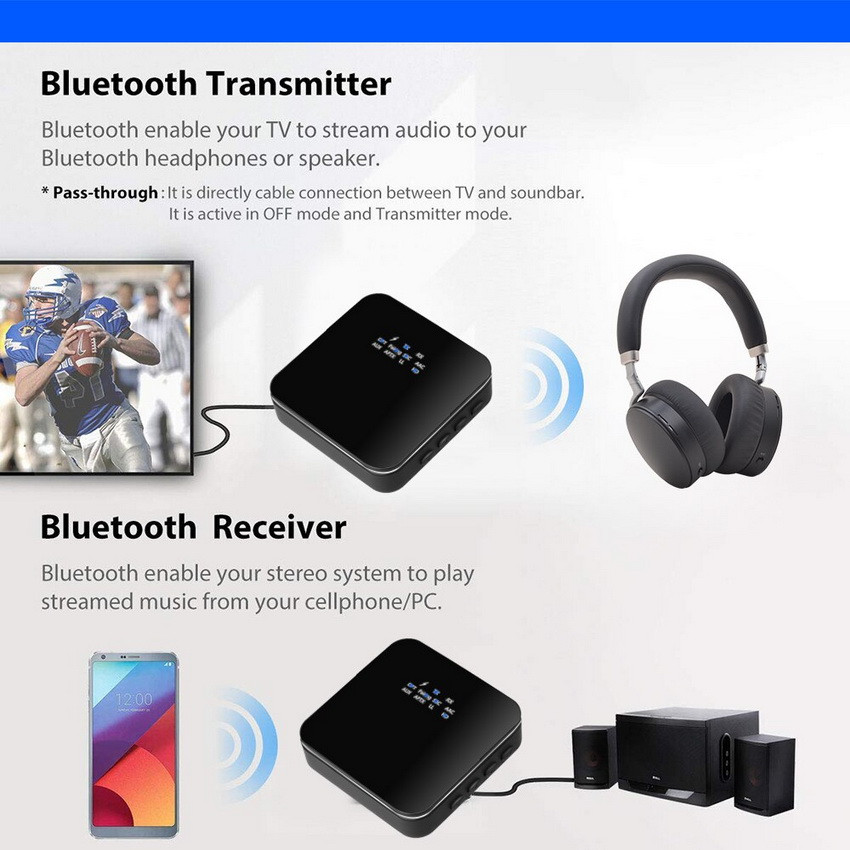 Универсальный аудио адаптер RX/TX Bluetooth v5.0 - оптика (Toslink/SPDIF) - jack 3.5mm (AUX), черный - фото 5 - id-p141889214