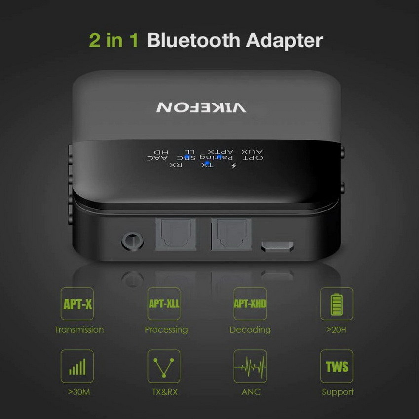Универсальный аудио адаптер RX/TX Bluetooth v5.0 - оптика (Toslink/SPDIF) - jack 3.5mm (AUX), черный - фото 8 - id-p141889214
