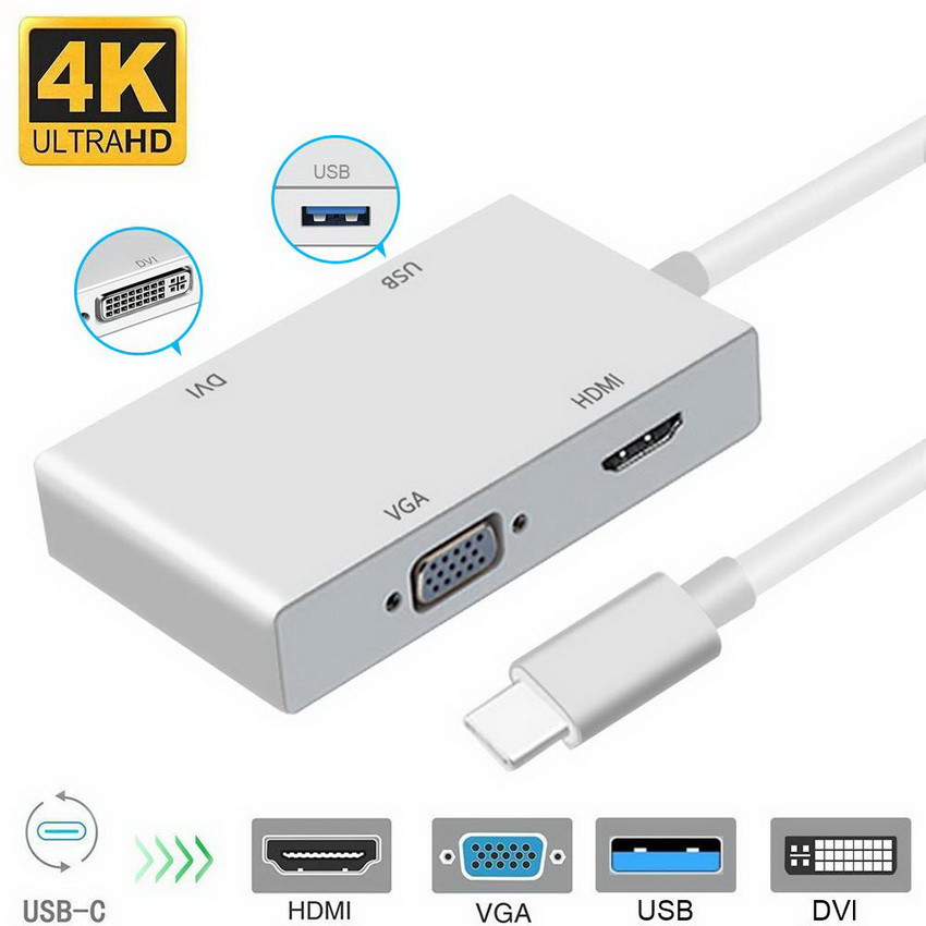 Адаптер - переходник - хаб 4in1 USB3.1 Type-C на HDMI - VGA - DVI - USB3.0, серебро