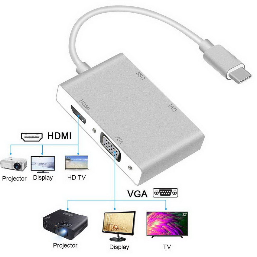 Адаптер - переходник - хаб 4in1 USB3.1 Type-C на HDMI - VGA - DVI - USB3.0, серебро - фото 3 - id-p141925353
