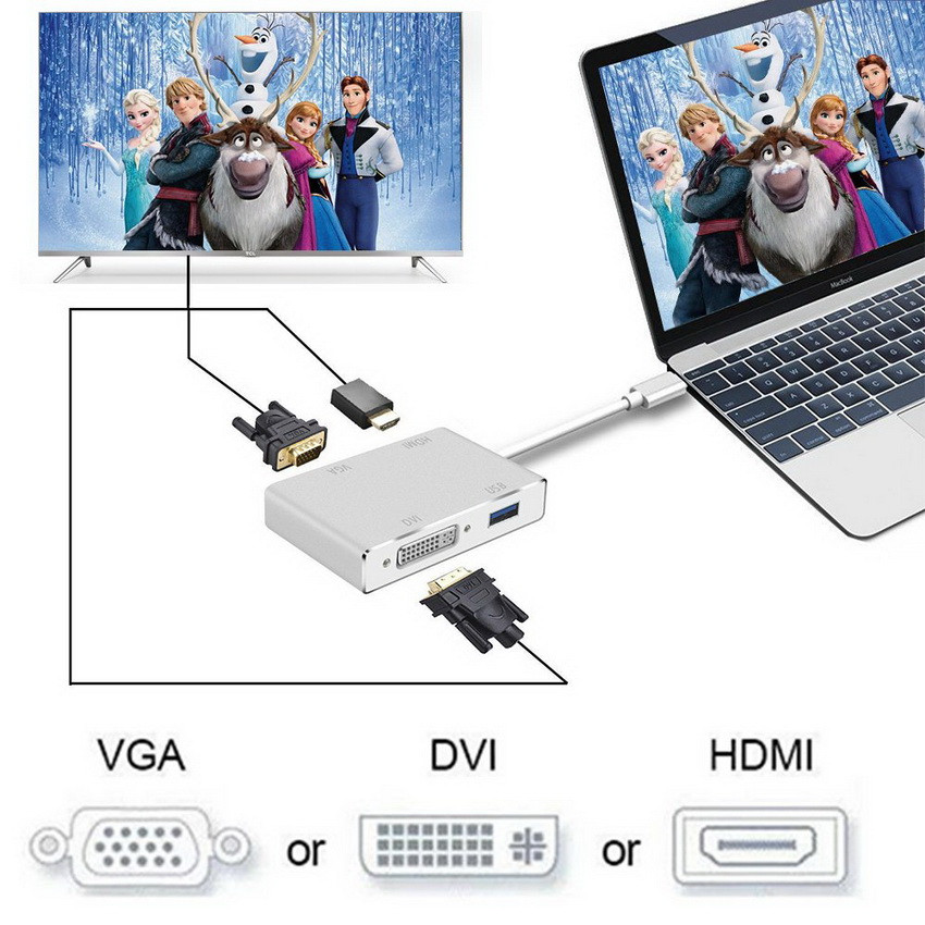 Адаптер - переходник - хаб 4in1 USB3.1 Type-C на HDMI - VGA - DVI - USB3.0, серебро - фото 5 - id-p141925353