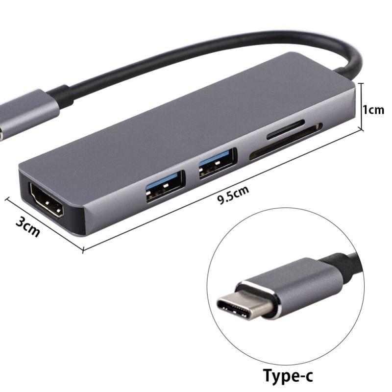 Адаптер - переходник - хаб 5in1 USB3.1 Type-C на HDMI - 2x USB3.0 - картридер TF/SD, серый