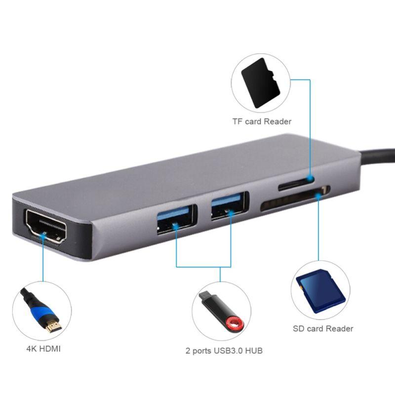 Адаптер - переходник - хаб 5in1 USB3.1 Type-C на HDMI - 2x USB3.0 - картридер TF/SD, серый - фото 2 - id-p141925412