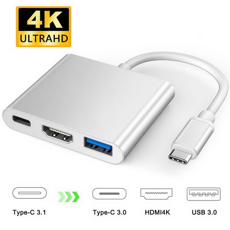 Адаптер - переходник - хаб USB3.1 Type-C на HDMI - USB3.1 Type-C - USB3.0, серебро