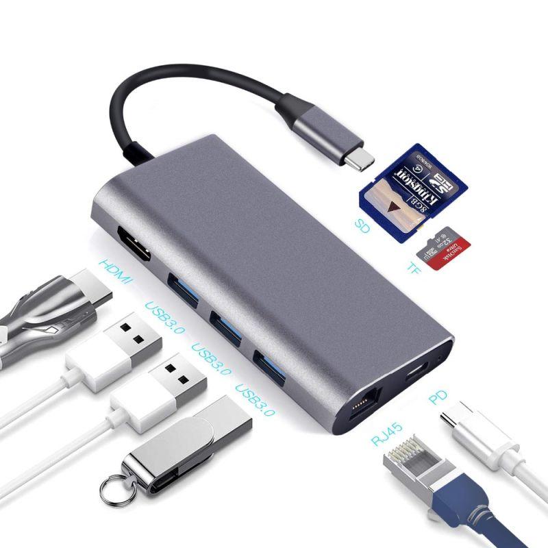 Адаптер - переходник - хаб 8in1 USB3.1 Type-C на HDMI - 3x USB3.0 - RJ45 (LAN) до 1000 Мбит/с - картридер TF/S