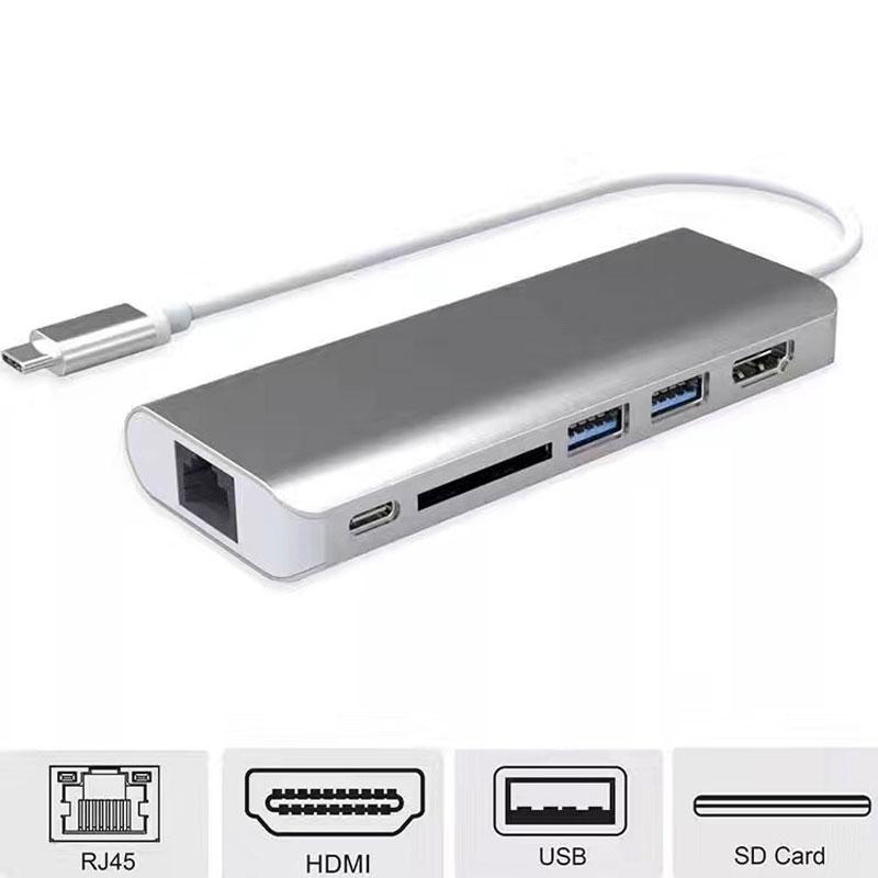 Адаптер - переходник - хаб 6in1 USB3.1 Type-C на HDMI - 2xUSB3.0 - RJ45 (LAN) до 1000 Мбит/с - картридер SD, с