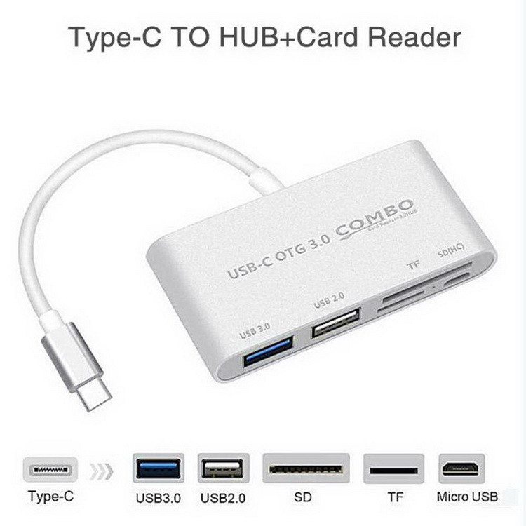 Адаптер - переходник USB3.1 Type-C - USB2.0 - USB3.0 - картридер TF/SD, серебро