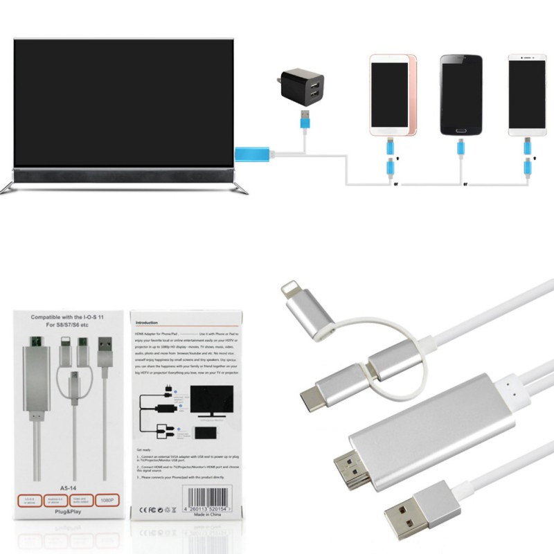 Кабель HDMI - MicroUSB - USB3.1 Type-C - Lightning для подключения смартфона к TV, 1,8 метра - фото 3 - id-p141934201