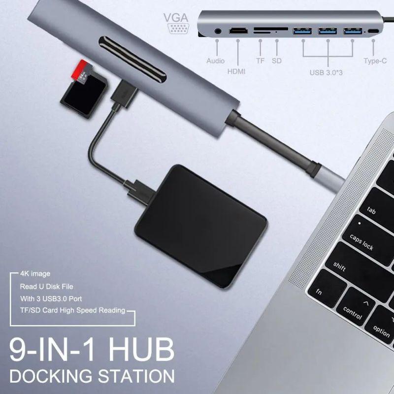 Адаптер - переходник - хаб 9in1 USB3.1 Type-C на HDMI - VGA - 3x USB3.0 - USB3.1 Type-C - jack 3.5mm (AUX) - к - фото 3 - id-p141934237