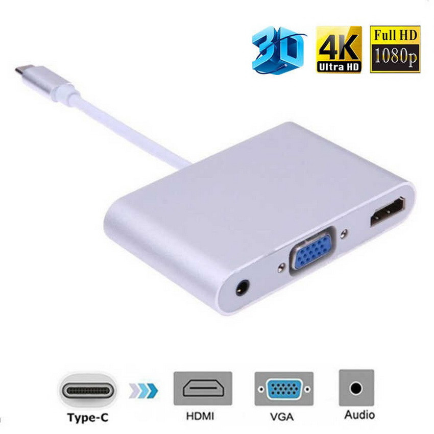 Адаптер - переходник USB3.1 Type-C - HDMI - VGA - jack 3.5mm (AUX), серебро, фото 1