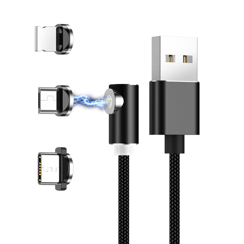 Кабель зарядный магнитный USLION Micro USB / Lightning Apple iPhone / USB Type-C, черный угловой 2 метра