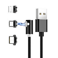Кабель зарядный магнитный USLION Micro USB / Lightning Apple iPhone / USB Type-C, черный угловой 2 метра, фото 1
