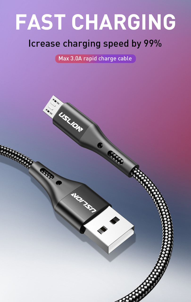 Кабель зарядный USLION MicroUSB USB 3.0A для быстрой зарядки, черный 1 метр - фото 6 - id-p141978187