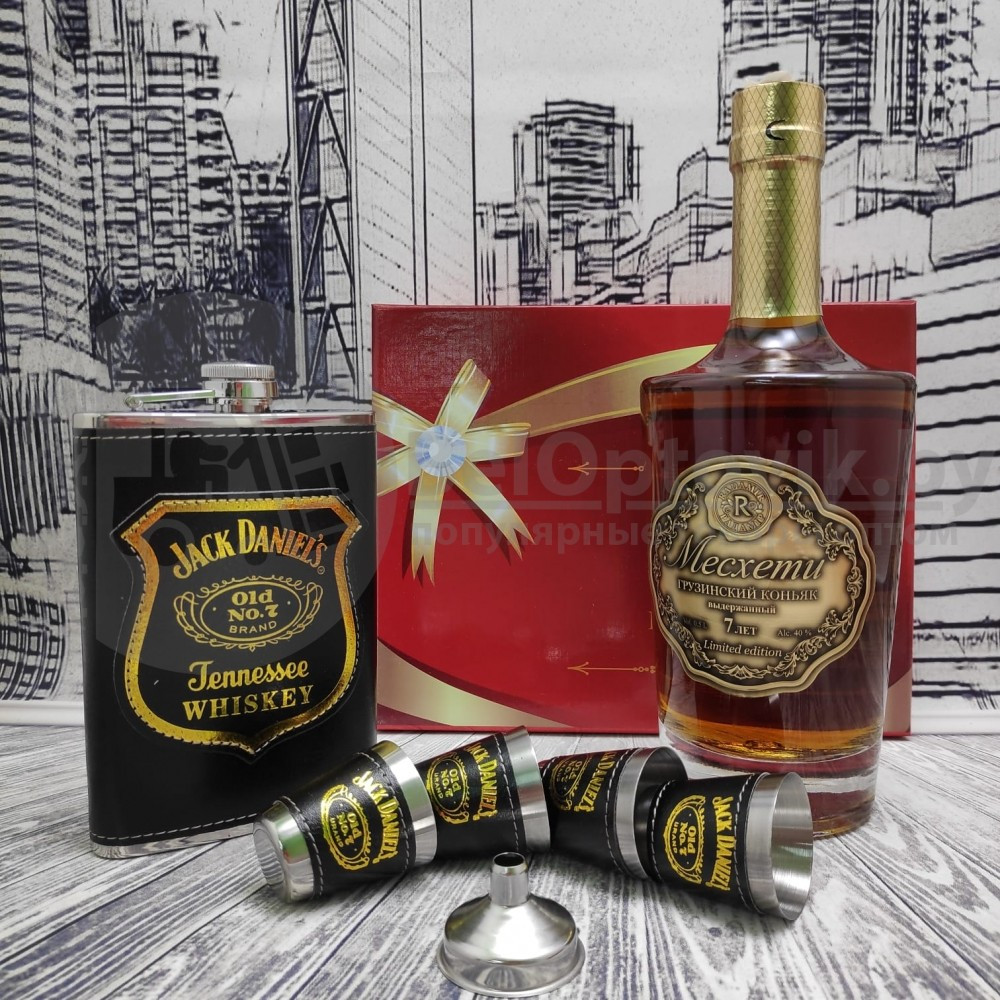 Подарочный набор Jack Daniels: фляжка 236 мл, 4 стопки и металлическая воронка M-33 Коричневый - фото 3 - id-p114703547