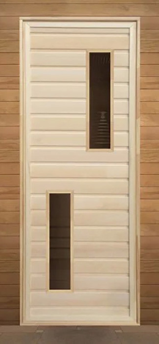 Деревянная дверь для бани с двумя стеклами