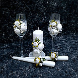 Комплект свадебных бокалов и свечей из набора "Пионы" в белом цвете, фото 3
