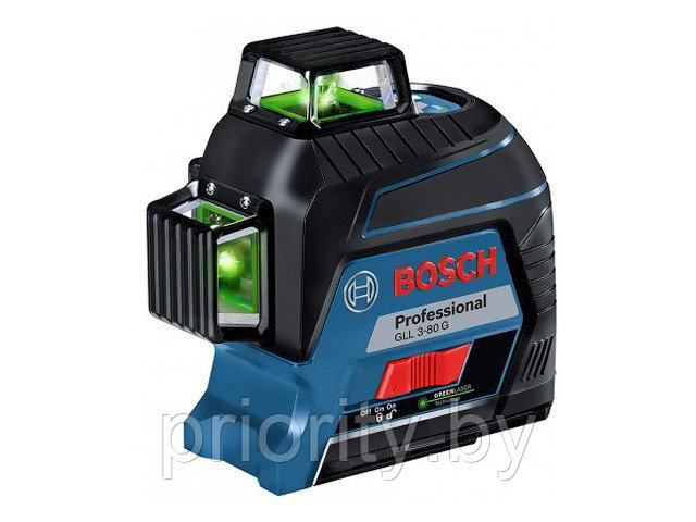 Нивелир лазерный линейный BOSCH GLL 3-80 G в чем. (проекция: 3 плоскости 360°, до 120 м, +/- 0.20 мм/м, резьба