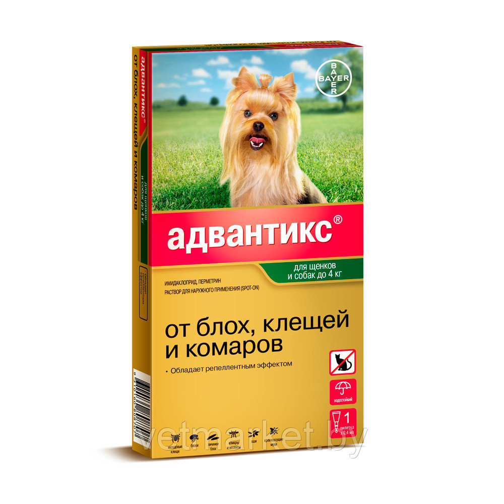 Адвантикс (Advantix) - капли на холку от блох, клещей и комаров для собак весом до 4 кг (1 пипетка)