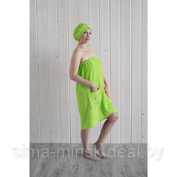 Набор женский для сауны (парео+чалма) с вышивкой, салатовый - фото 1 - id-p143219749