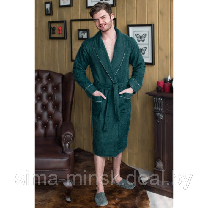 Халат мужской, шалька+кант, размер 58, цвет зелёный, махра - фото 1 - id-p143220148