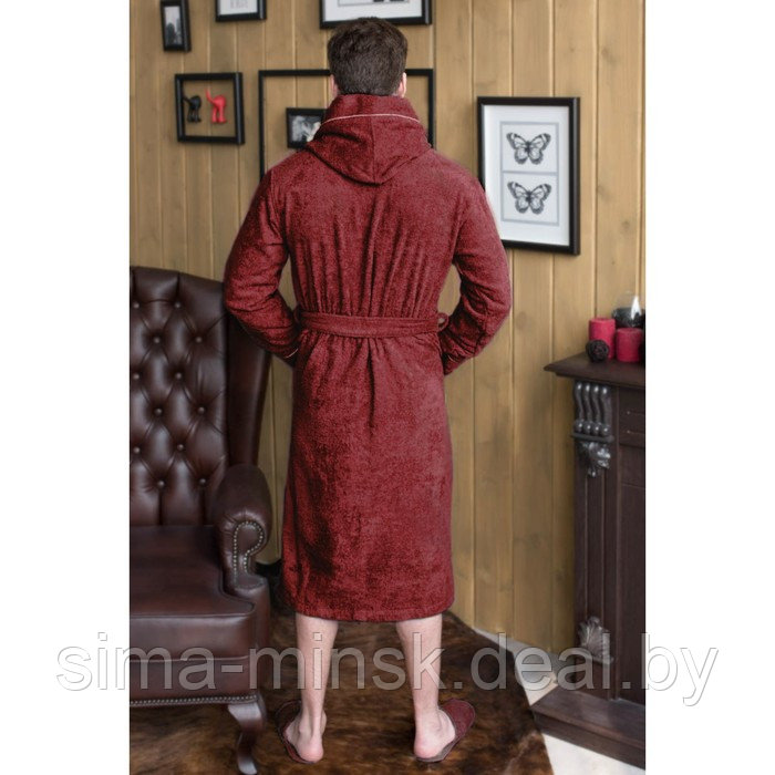 Халат мужской с капюшоном, размер 60, бордовый, махра - фото 2 - id-p143220162