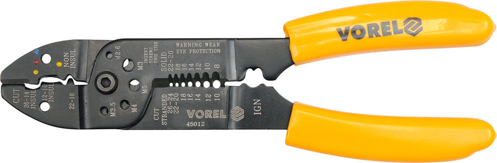 Щипцы для обжима и зачистки проводов (0.64-2.6/26-10AWG; 0.8-2.6/22-10AWG)"Vorel"45012