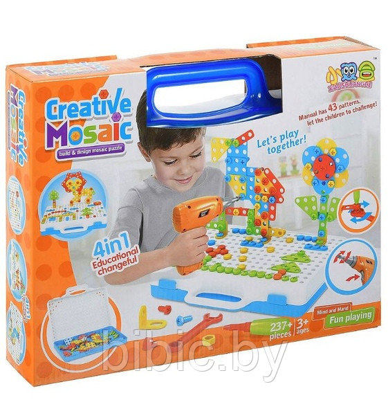 Детский конструктор-мозаика болтовая мозаика с шуруповертом и шаблонами, детская развивающая игрушка - фото 2 - id-p143300844