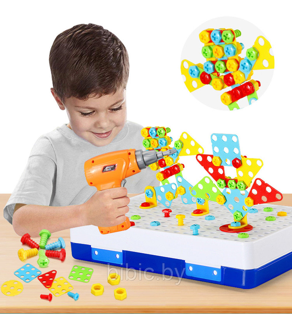 Детский конструктор-мозаика болтовая мозаика с шуруповертом и шаблонами, детская развивающая игрушка - фото 4 - id-p143300844