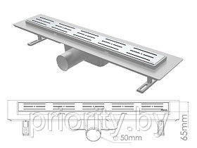 Сливной трап горизонтальный D 50, решетка нерж. с площадкой под плитку, 65х700мм полоски, NOVA