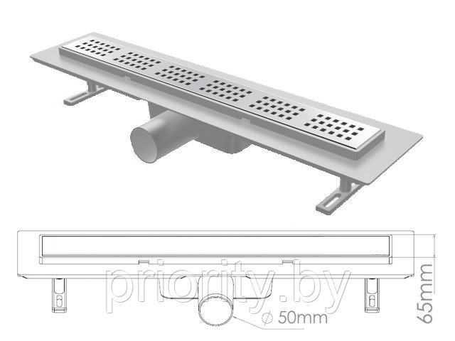 Сливной трап горизонтальный D 50, решетка нерж. с площадкой под плитку, 65х700мм квадрат, NOVA - фото 1 - id-p143347963