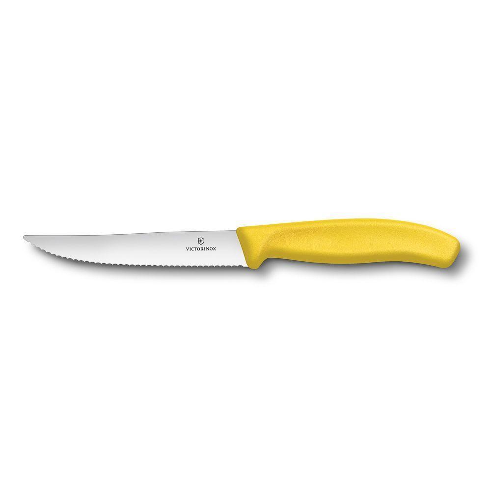 Нож Victorinox для стейка и пиццы, желтая ручка, волнистое лезвие, 12 см - фото 1 - id-p143412390