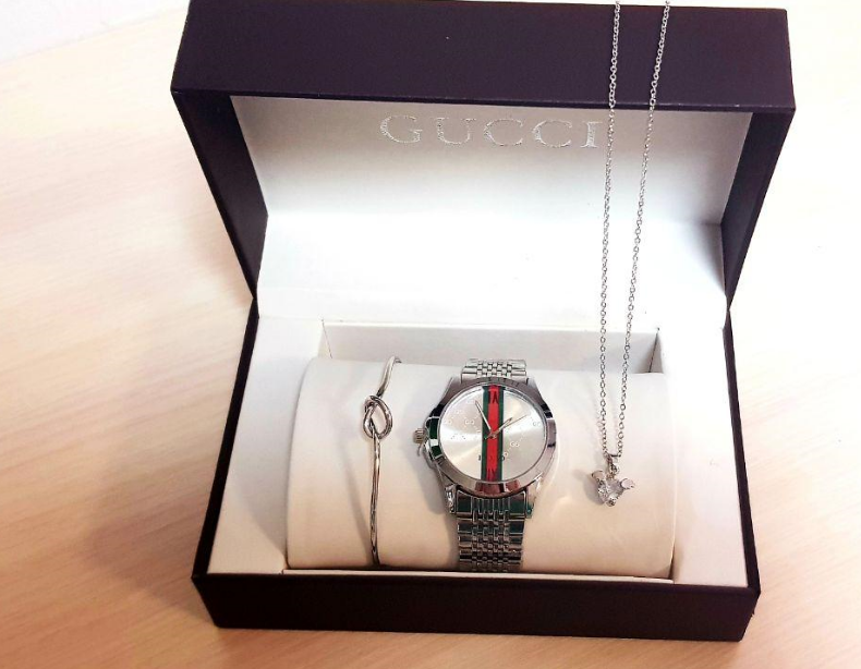 Подарочный набор Gucci браслет подвеска часы (Цвет серебро)