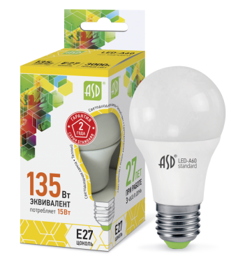 Лампа светодиодная LED-A60-standard 15Вт 230В Е27 3000К 1350Лм ASD - фото 1 - id-p143528001