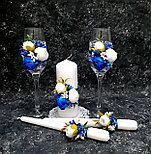 Набор свадебных бокалов и свечей "Пионы" в синем цвете, фото 3