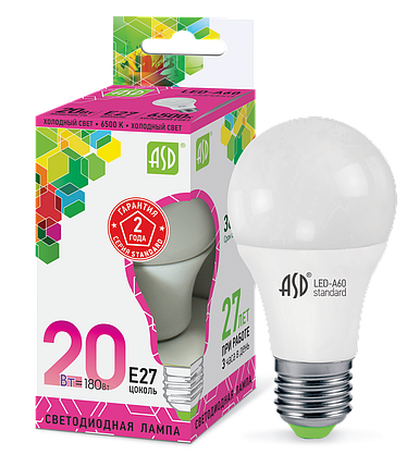 Лампа светодиодная LED-A60-standard 20Вт 230В Е27 6500К 1800Лм ASD, фото 2