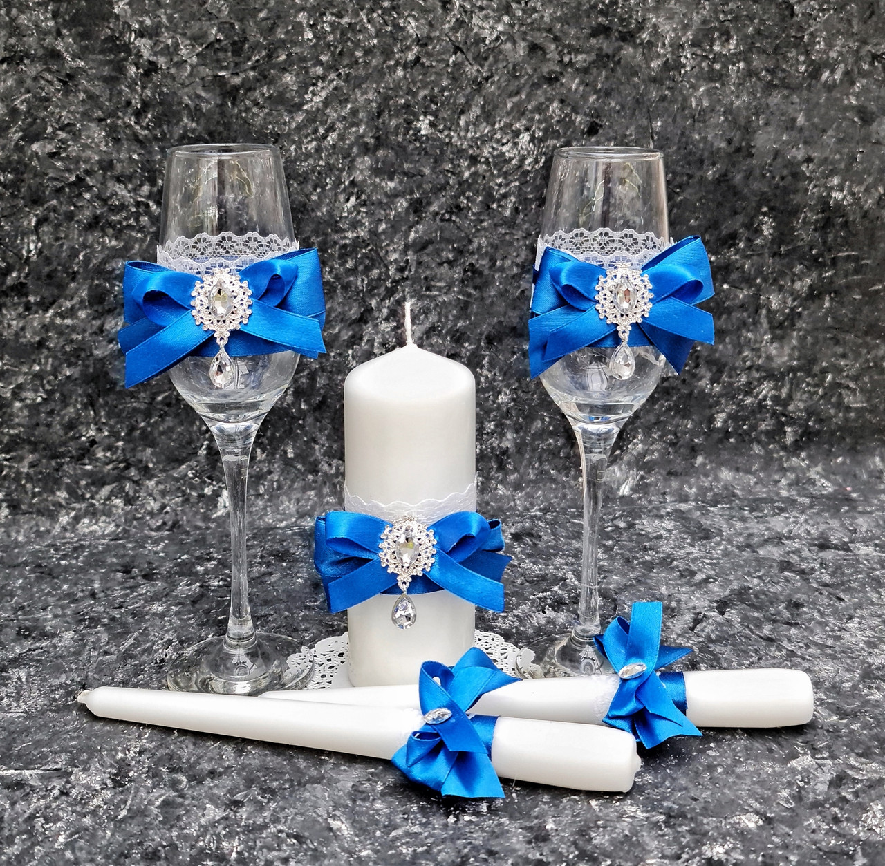 Комплект свадебных бокалов и свечей "Perfect" в синем цвете