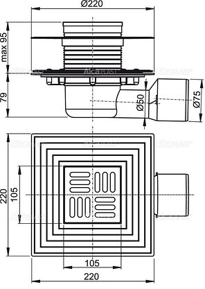 Сливной трап 105×105/50/75 мм боковой сток, решетка из нержавеющей стали, фланец из нержавеющей стали,, фото 2