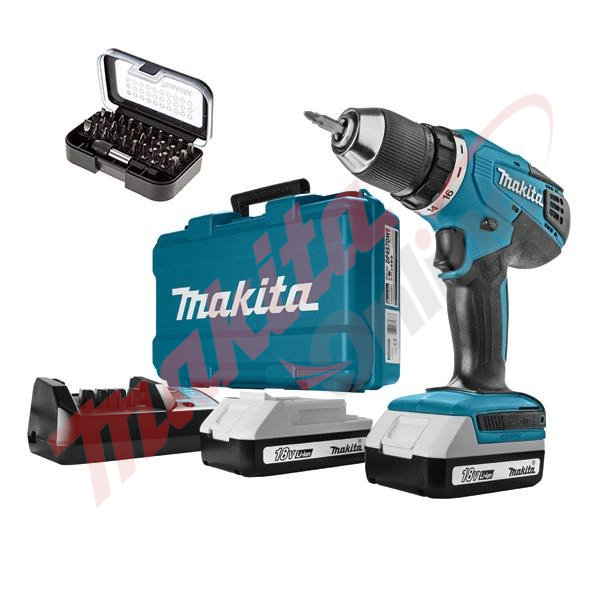 Аккум. дрель-шуруповерт MAKITA DF 457 DWE в чем. + набор бит (18.0 В, 2 акк., 1.5 А/ч Li-Ion, 2 скор., 42 Нм) - фото 1 - id-p144107856