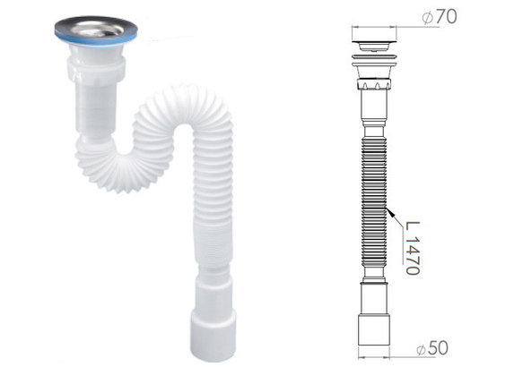 Сифон 1 1/2"х40/50 гофрированный (удлинённый), выпуск 70мм, NOVA, фото 2