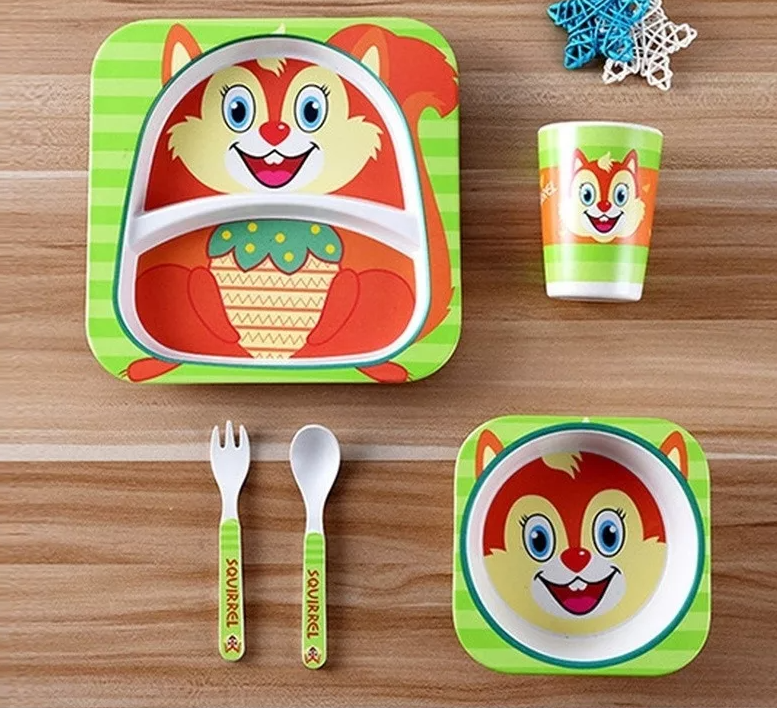 Детская посуда из бамбука из 5 предметов (набор) Bamboo Ware Kids Set. Белочка. - фото 1 - id-p100005283